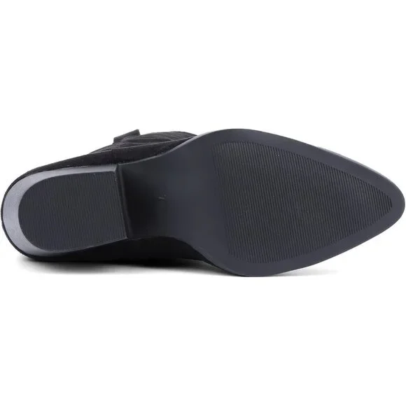 Women Black Suede Mid Calf Chunky Block Heel Western Embroidered Cowgirl Boot - Picture 6 of 7